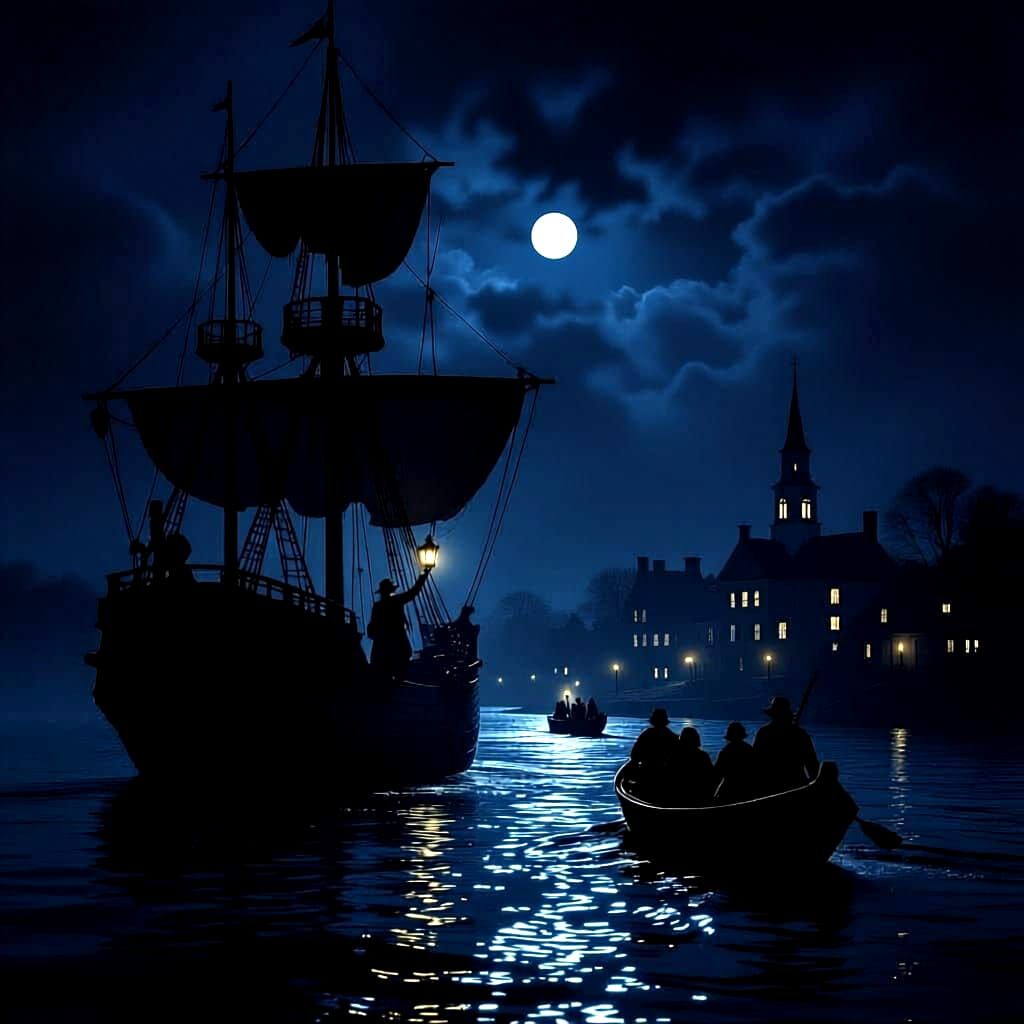 1775 Frigate and Rowboat Approaching Colonial Town at Night