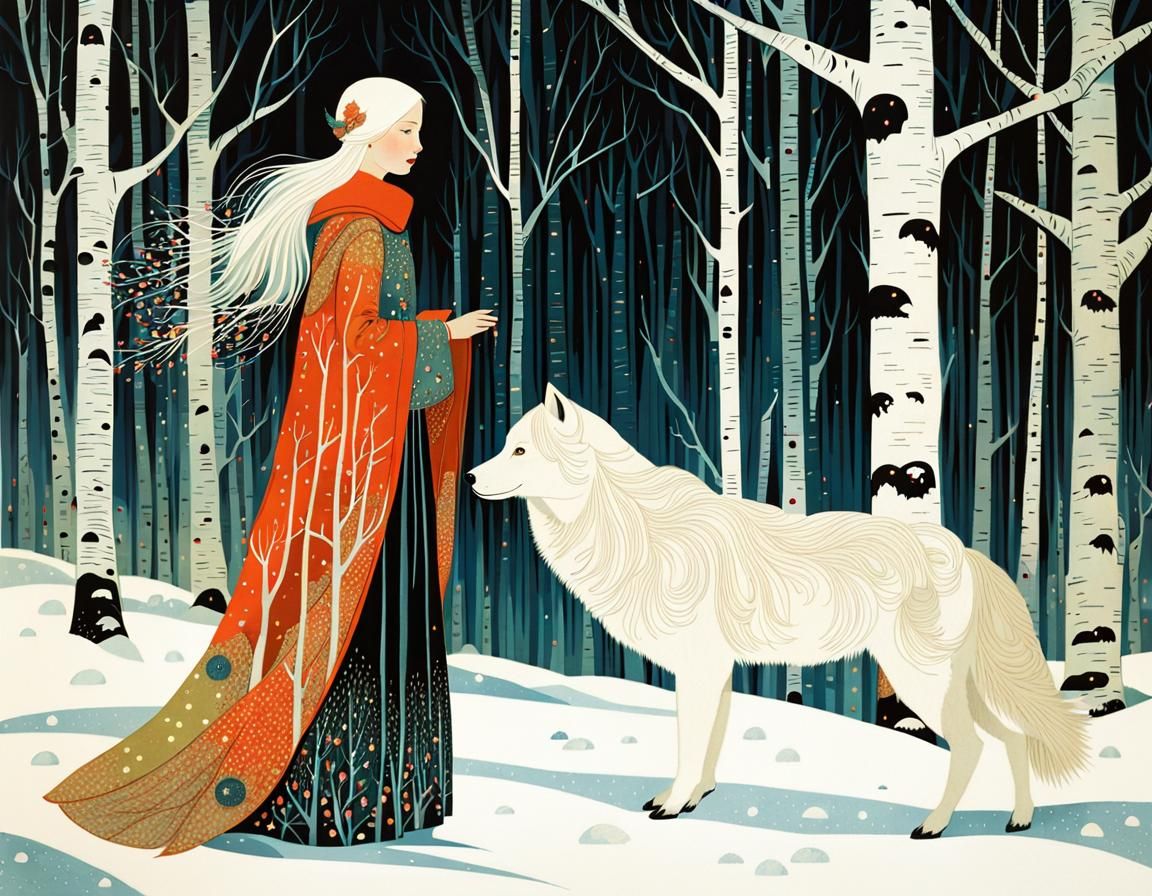 Winter Girl in Birch Forest: Golden Age Illustration