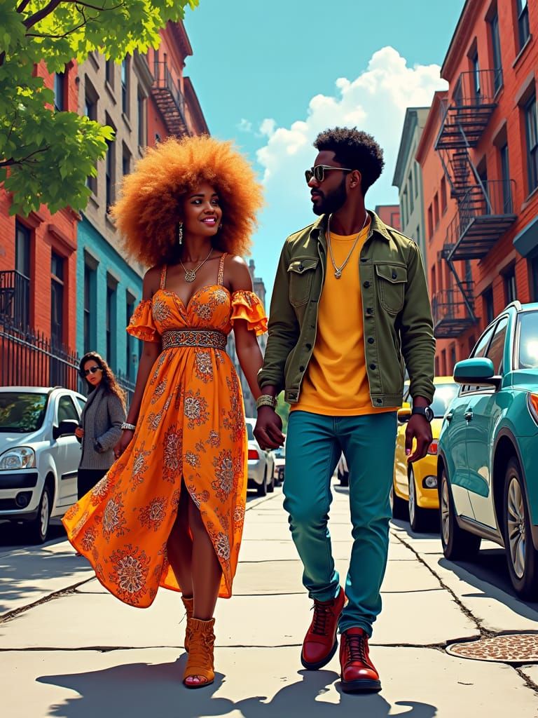 Vibrant Couple Strolling Through Harlem in Pop Art