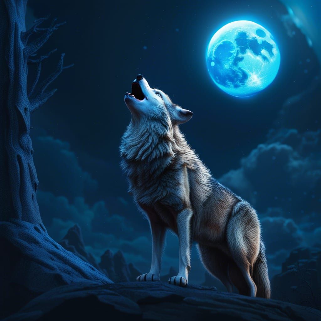 Wolf Howling at Blue Moon in Detailed Painting