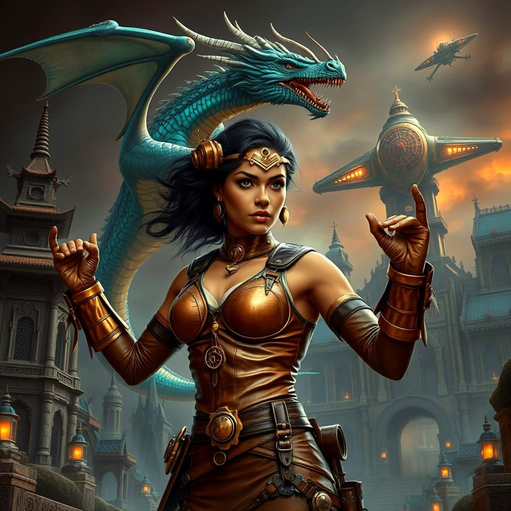 Steampunk Superheroine with Dragon and Spaceship