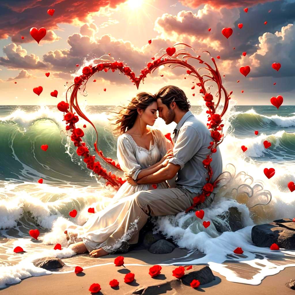 Romantic Embrace with Hearts and Roses in Surreal Sky