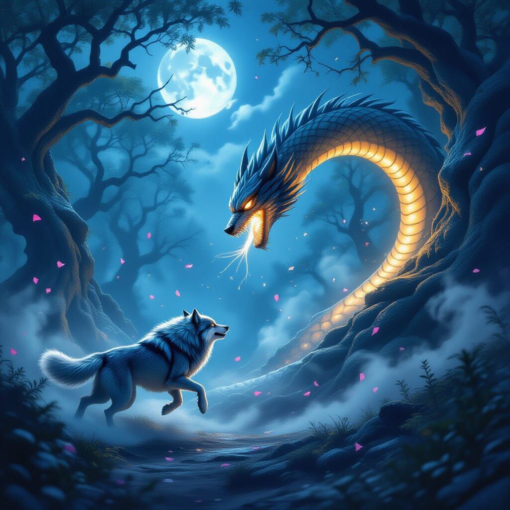 Wolf and Serpent Battle in Enchanted Forest