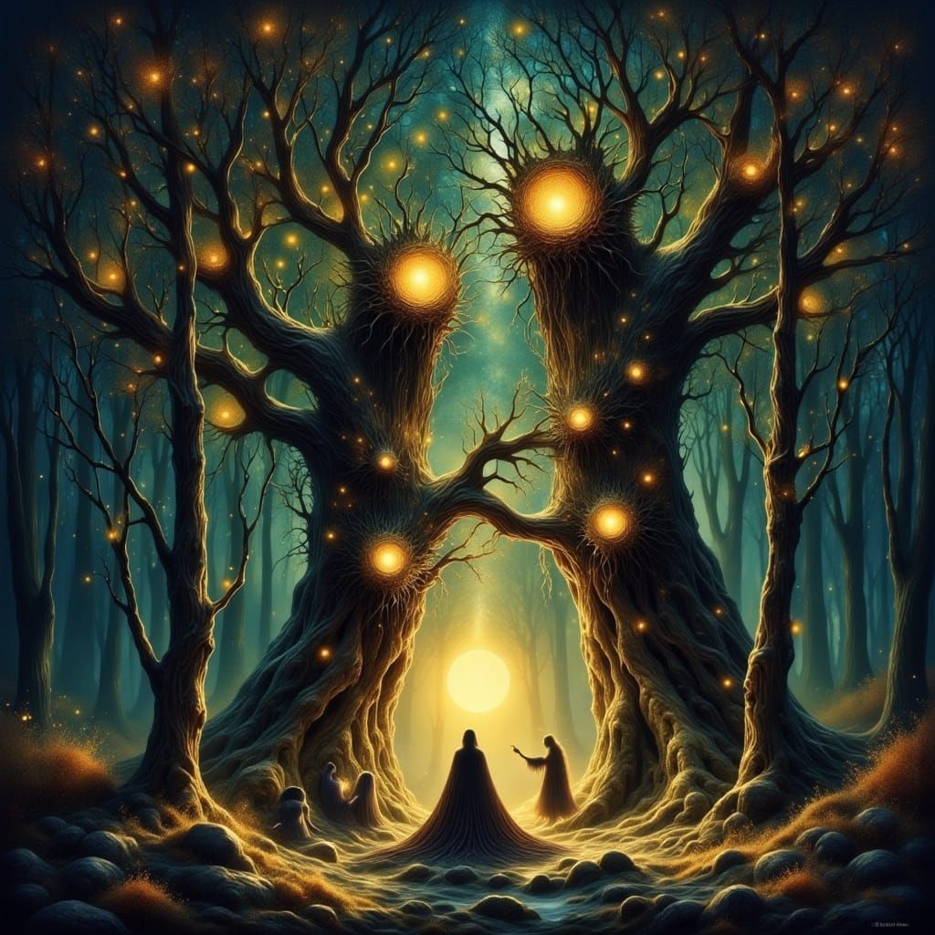 Gnarled Forest Trees with Glowing Eyes and Dwarves