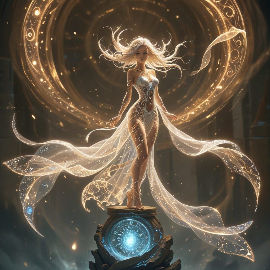 Ethereal Time Keeper on Crystal Pillar in Anime Style