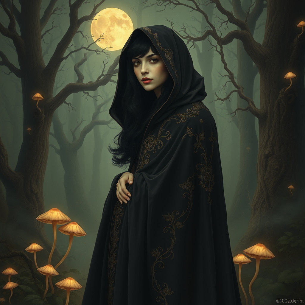 Mysterious Woman in Moonlit Forest, Surreal Art