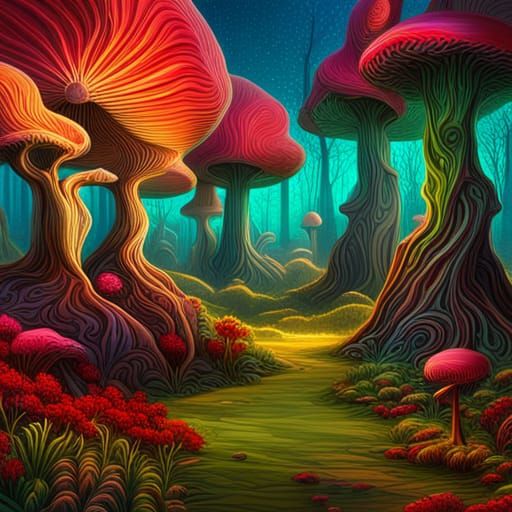 Psychedelic Skeleton in a Trippy Mushroom Forest