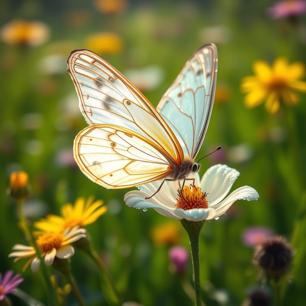 Iridescent Butterfly in Sunlit Meadow, Digital Painting