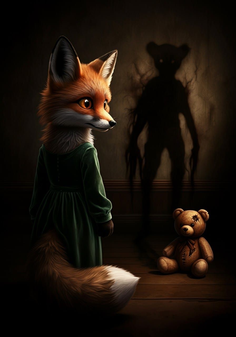 Furry Fox in Art Deco Room with Ominous Shadow