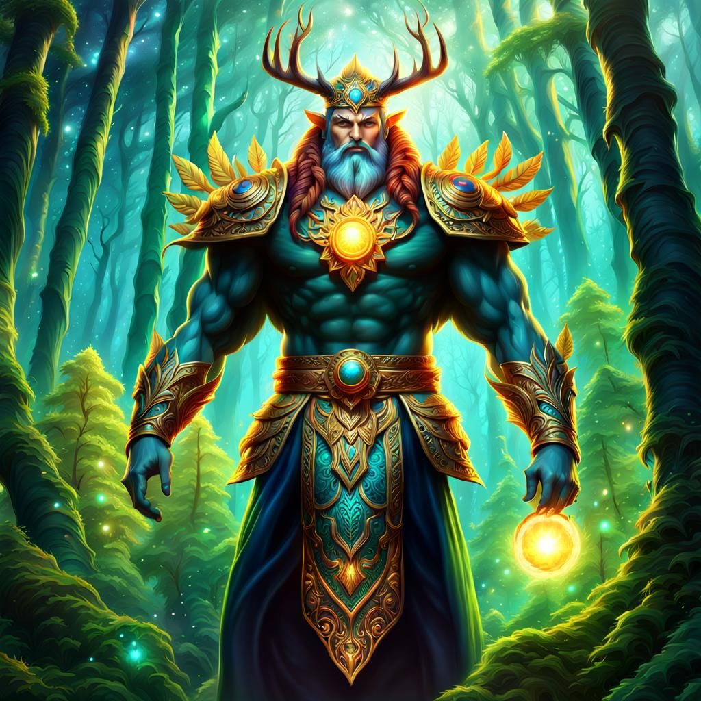 Forest Spirit Guardian in a Vibrant Fantasy Landscape