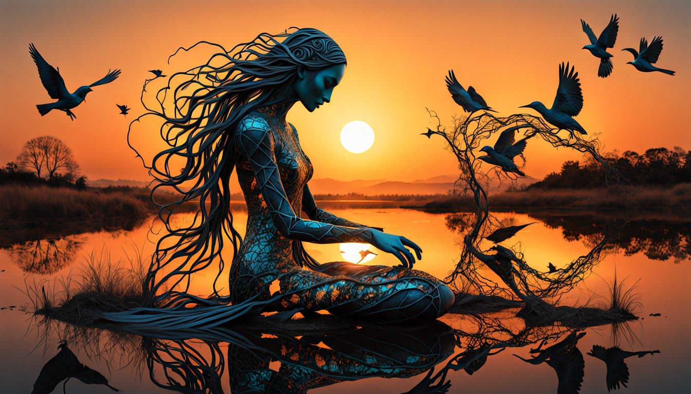 Surreal Sunset Goddess Reassembles Shattered Mirrors in a Vi...