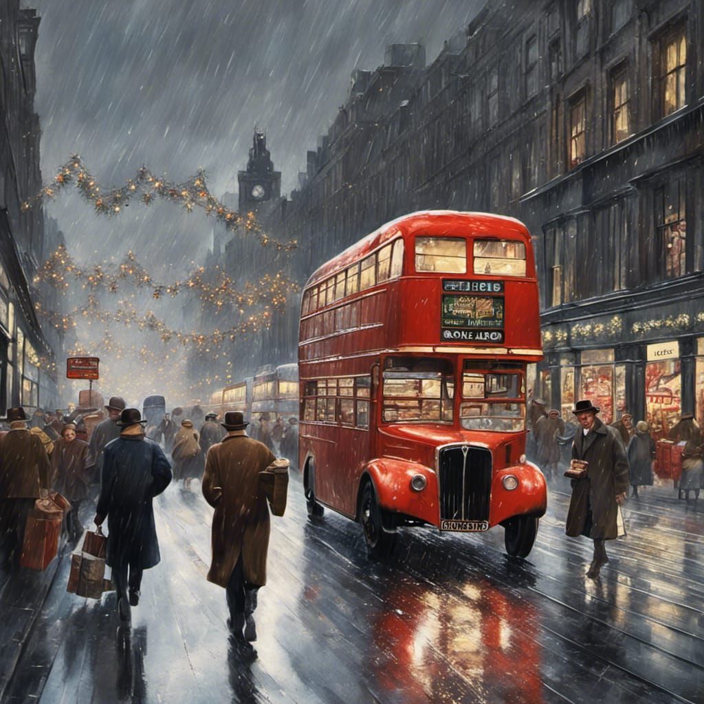 Oxford Street Christmas Eve, 1950s Matte Painting