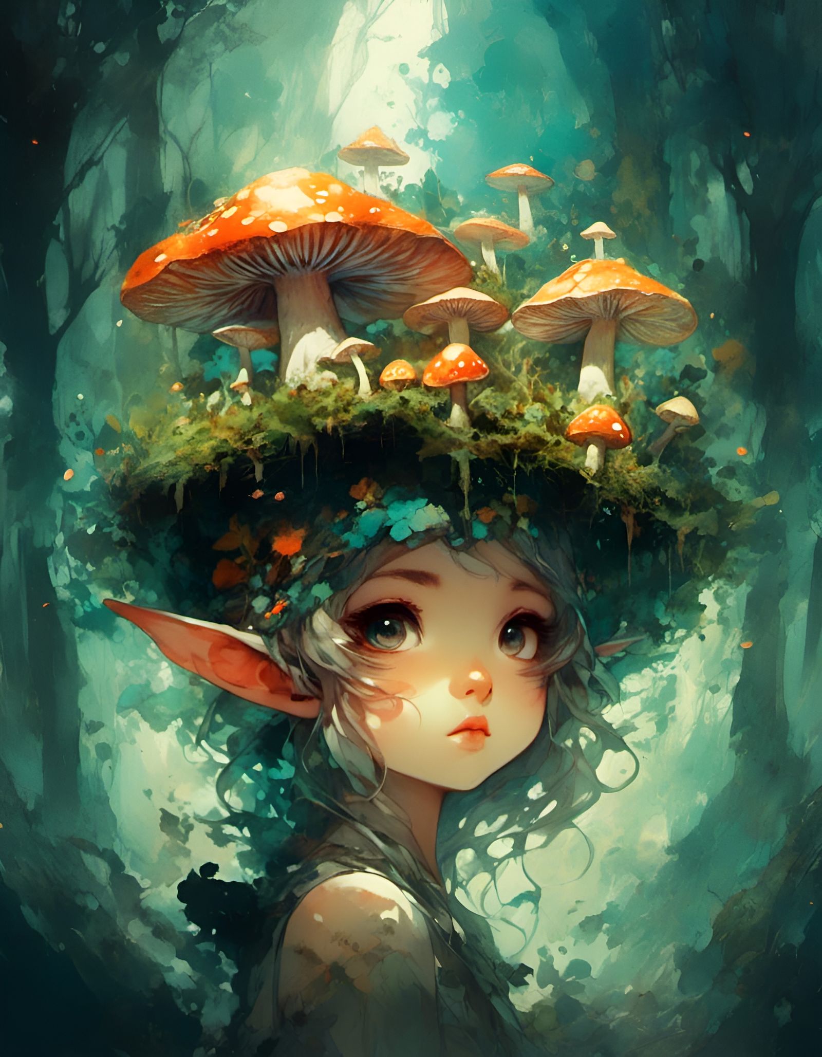 Enchanted Elf Druid with Watercolor Mushroom Hat