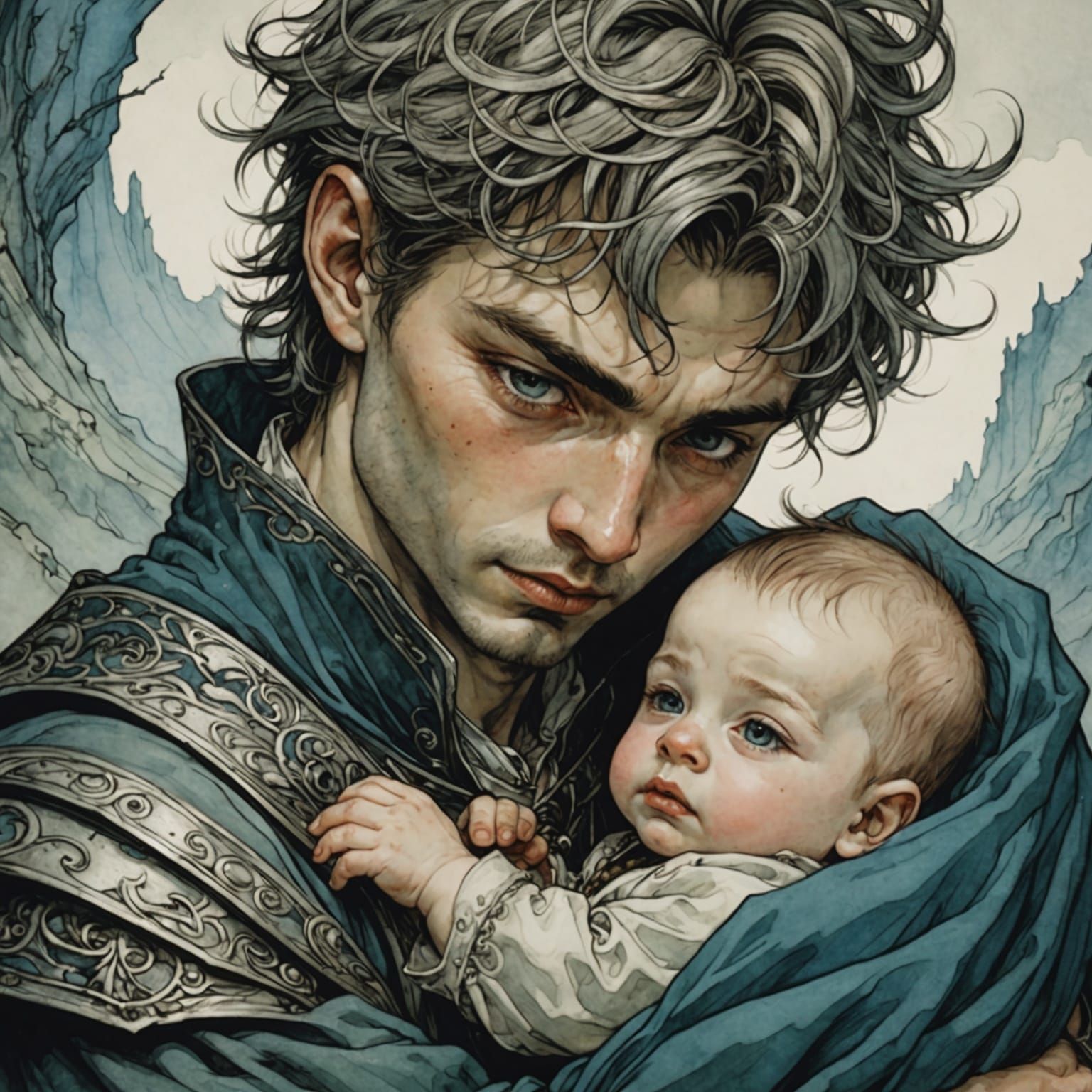 Man and Baby in Anime Art Style