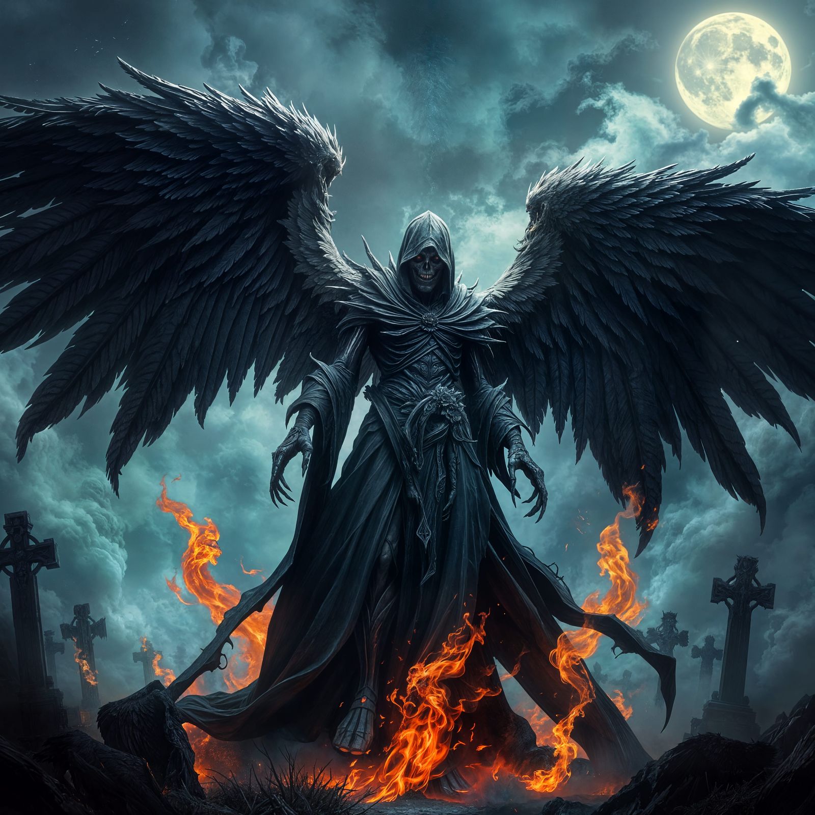 Gothic Angel of Death Spreads Tattered Wings Amidst Flaming ...