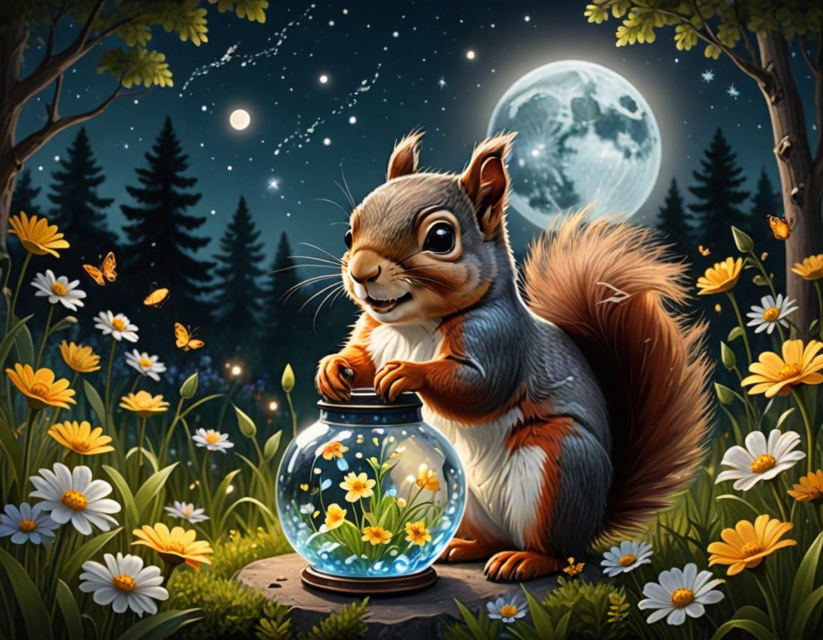 Whimsical Squirrel Surrounded by Fireflies in a Moonlit Gard...