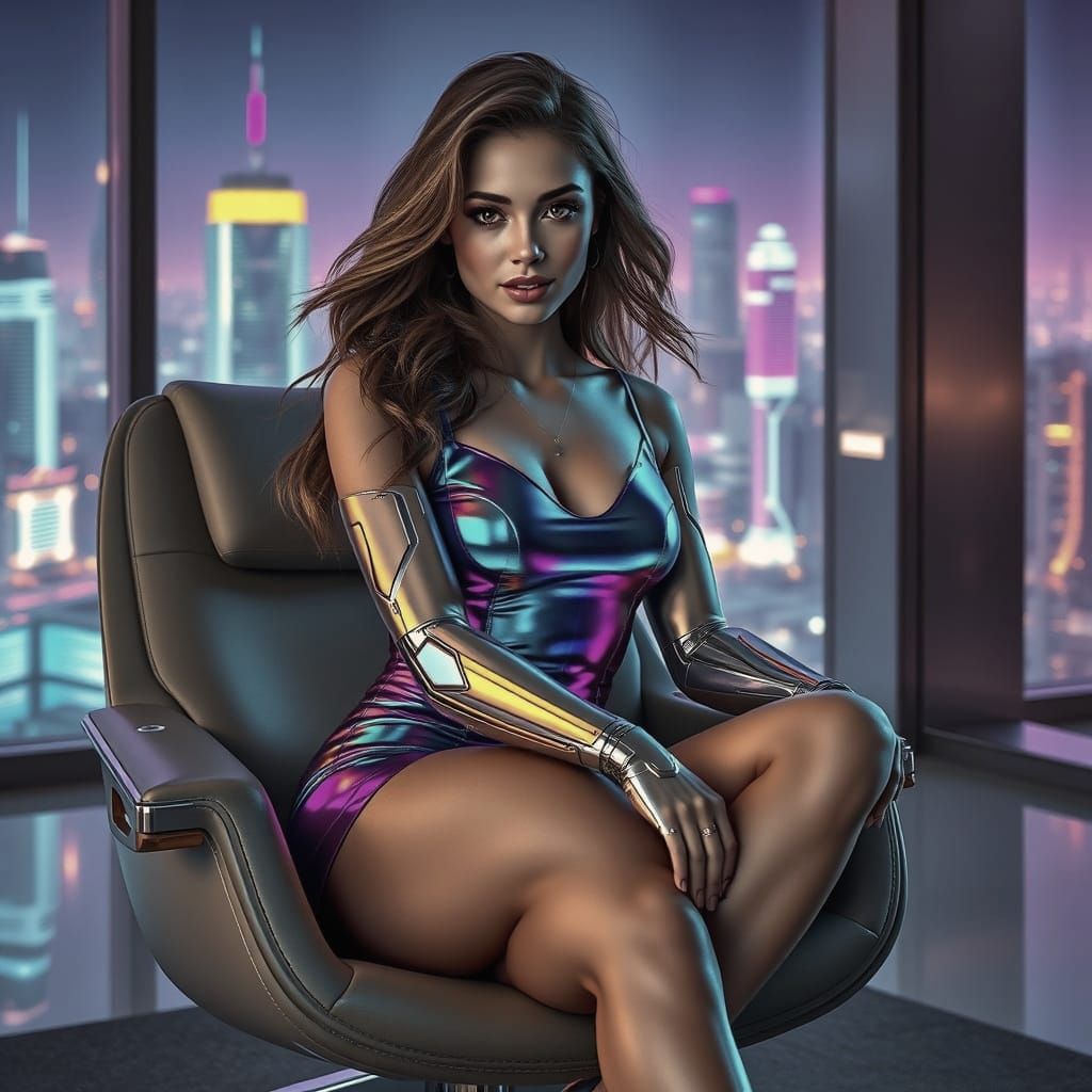Futuristic Woman with Bionic Limbs in Neon Cityscape