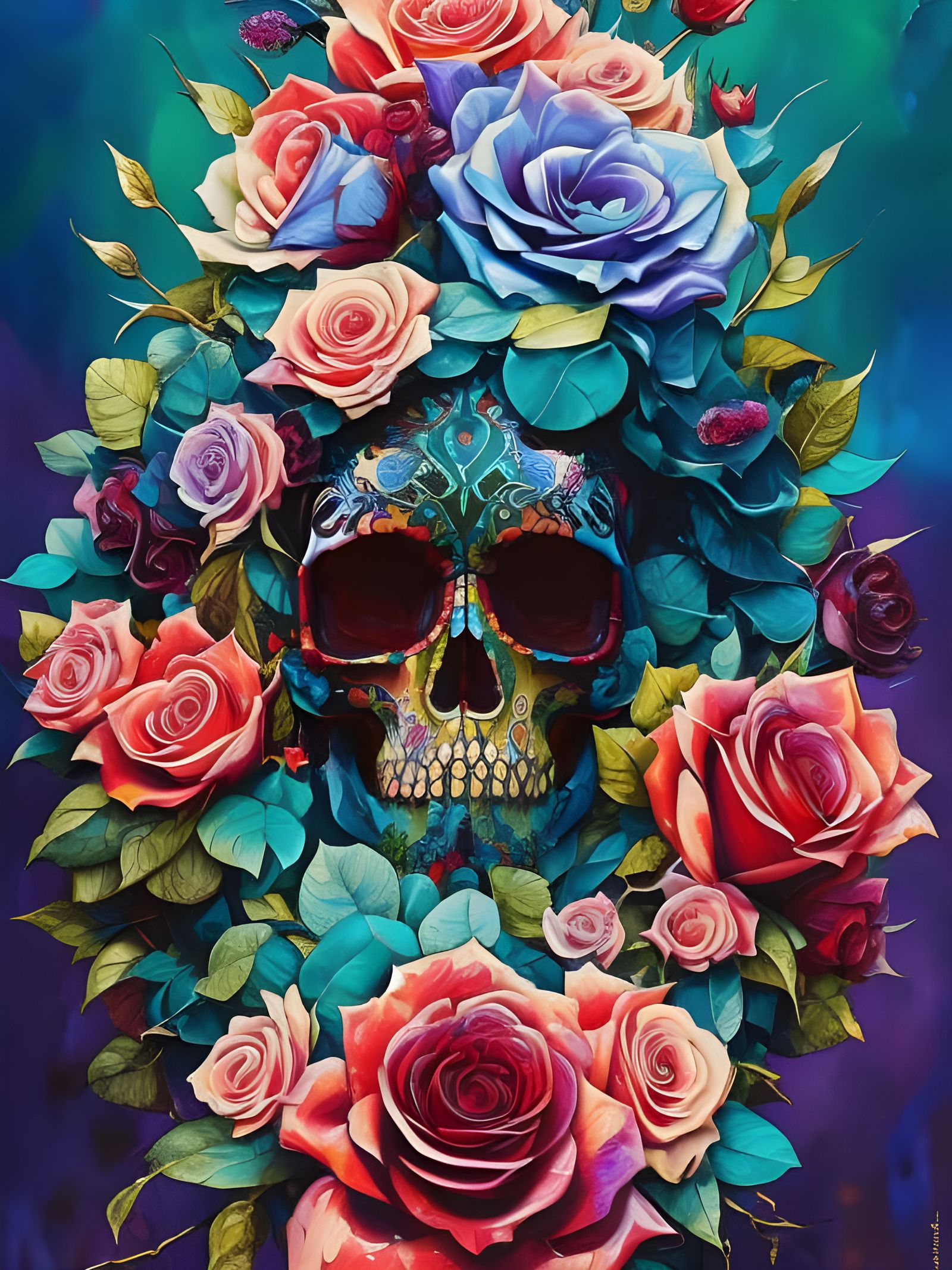 Stained Glass Skull with Roses in Borderlands Style