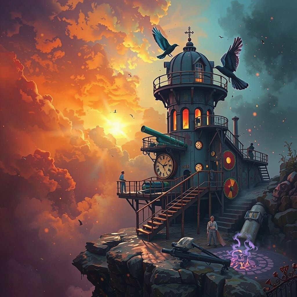 Ethereal Steampunk Clockwork Observatory on Cliff's Edge