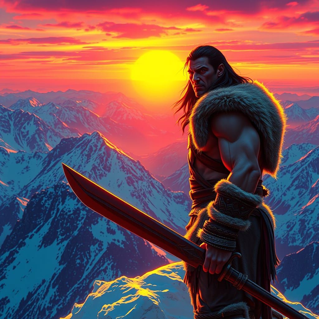 Conan the Barbarian Stands Heroically at Sunset on a Snowy M...