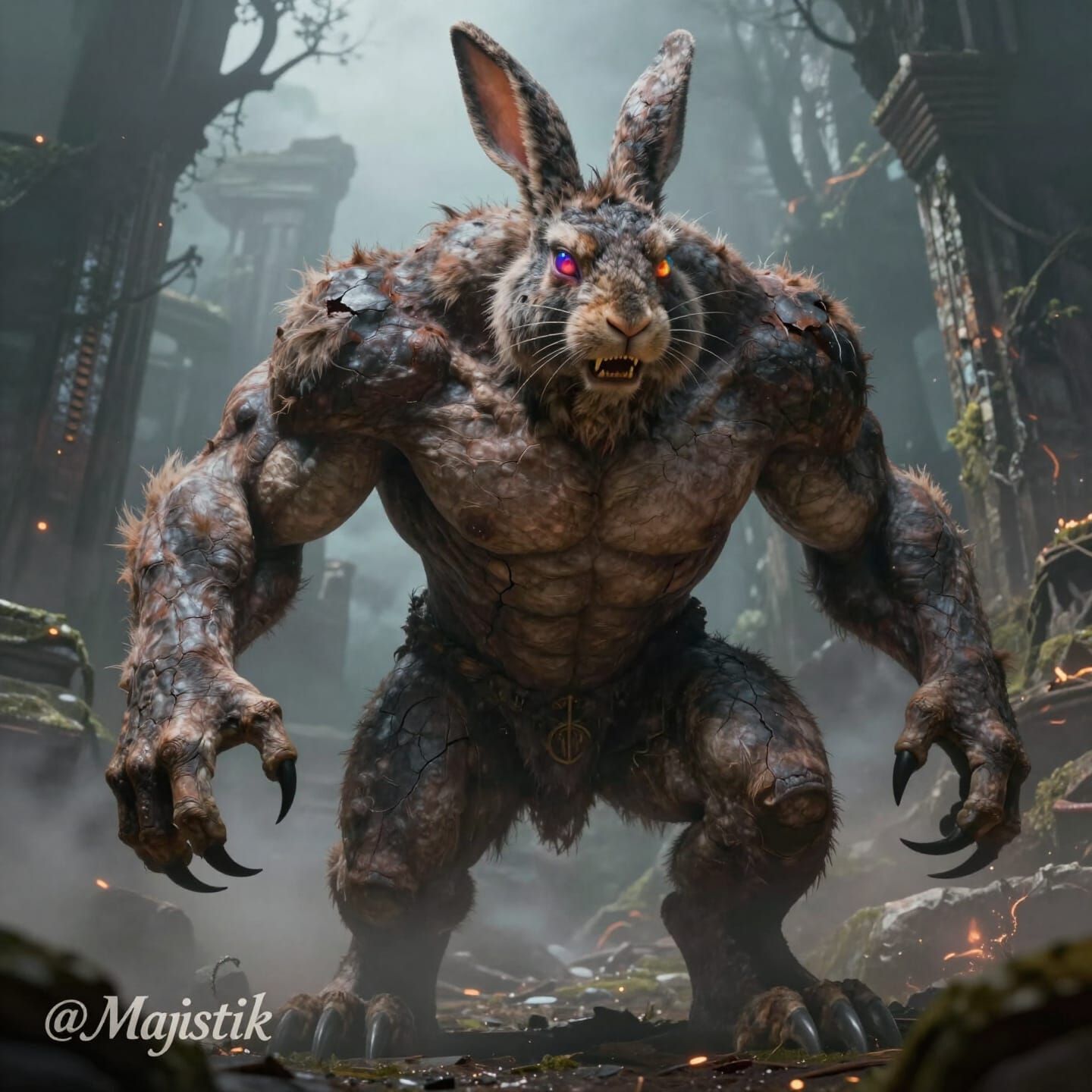 Giant Muscular Rabbit Monster in Ancient Ruins