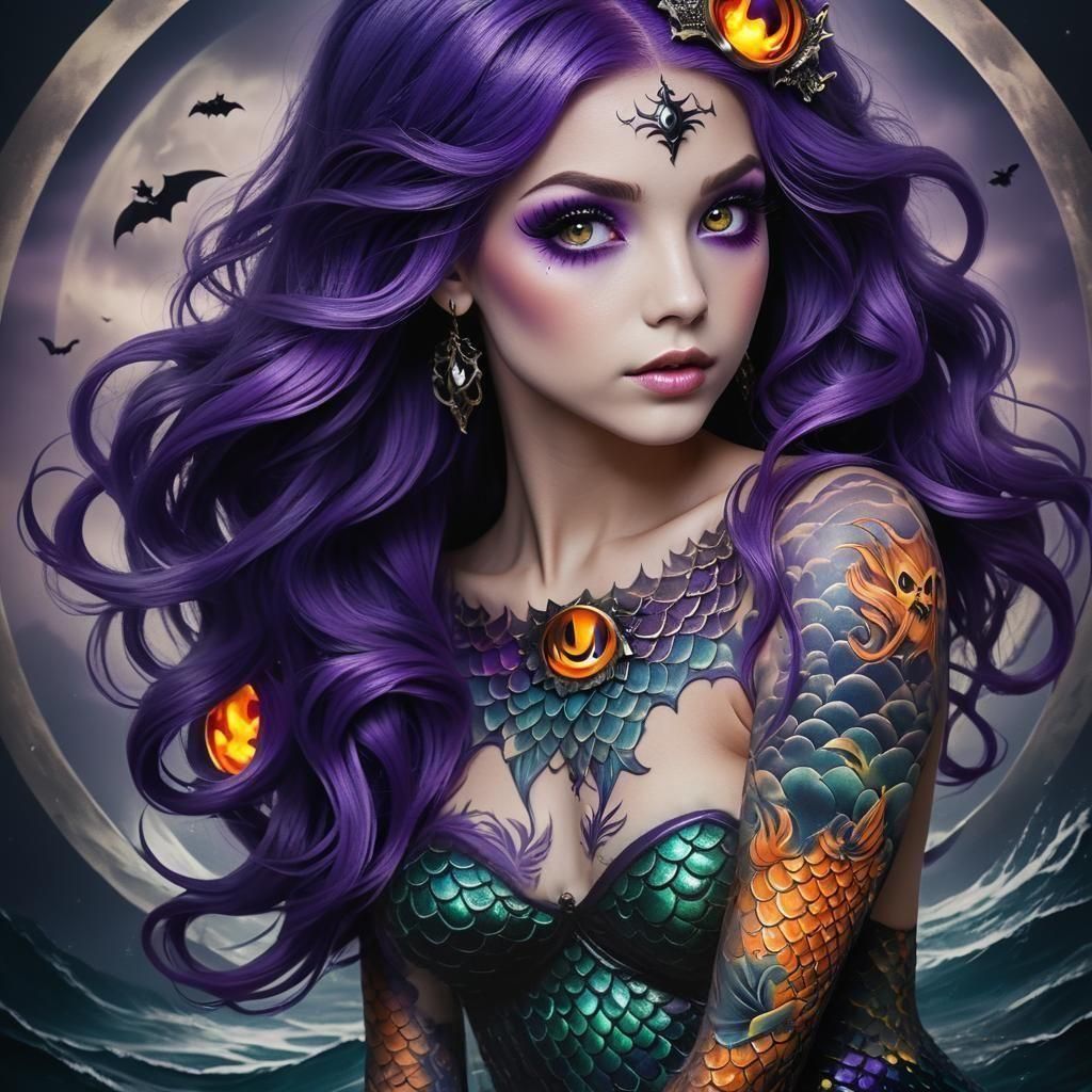 Epic Traditional Halloween Mermaid Tattoo in Vibrant Color