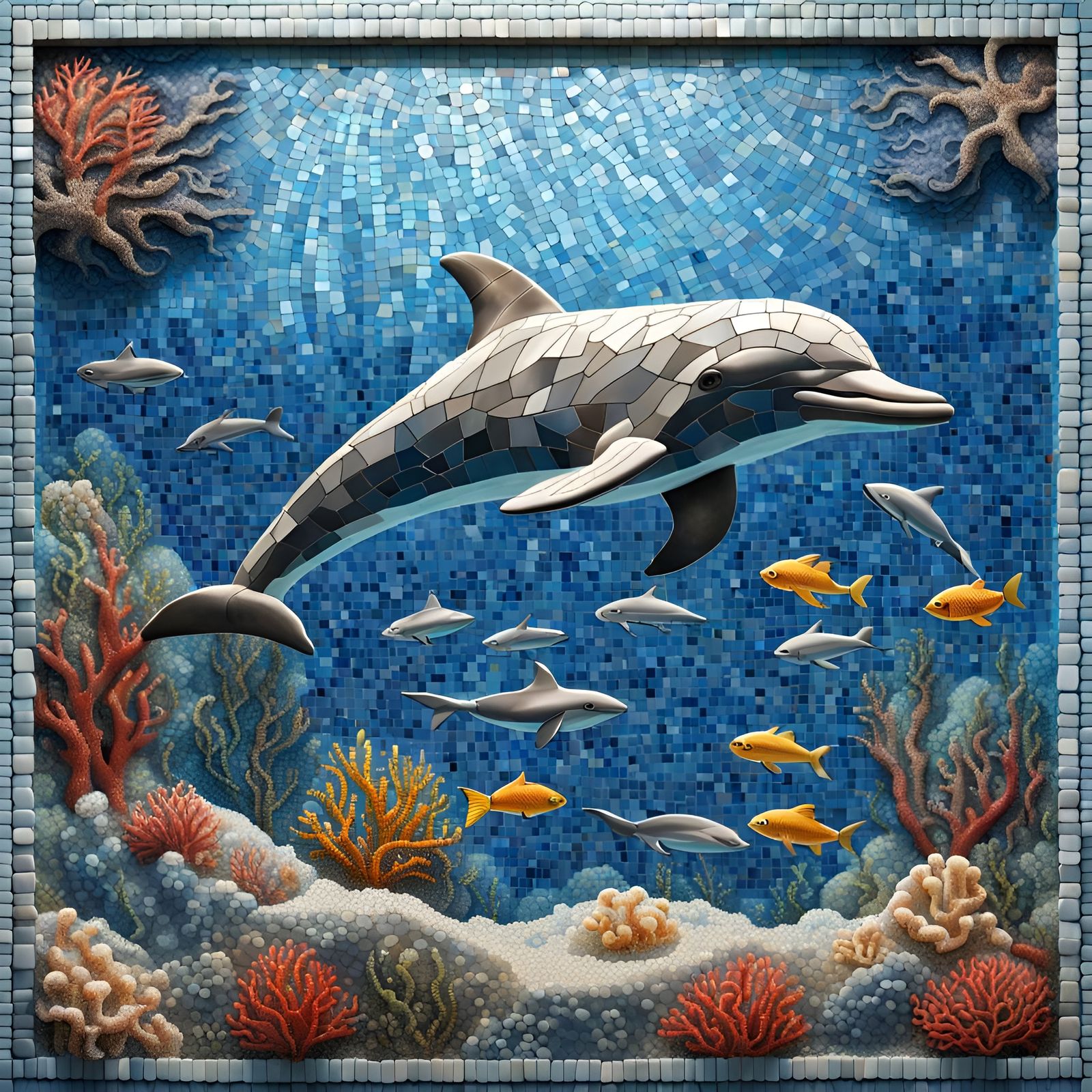 Underwater Mosaic Scene of Dolphin and Coral