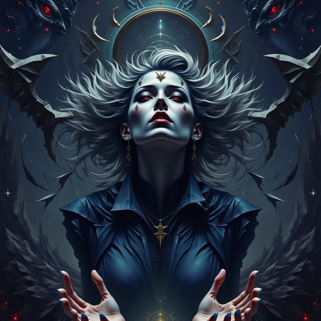 Gothic Cubism Witch Goddess in Stormy Sky