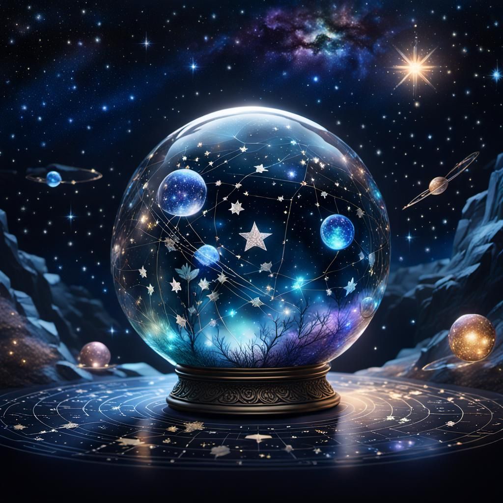 Constellations Captured in Glass Orb, Holographic Illustrati...