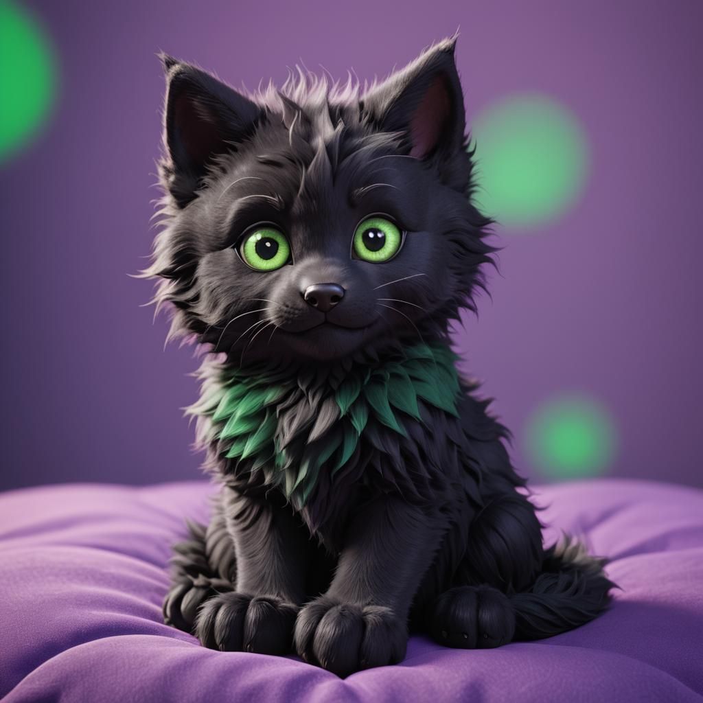 Fluffy Werewolf Kitten with Big Green Eyes in 3D