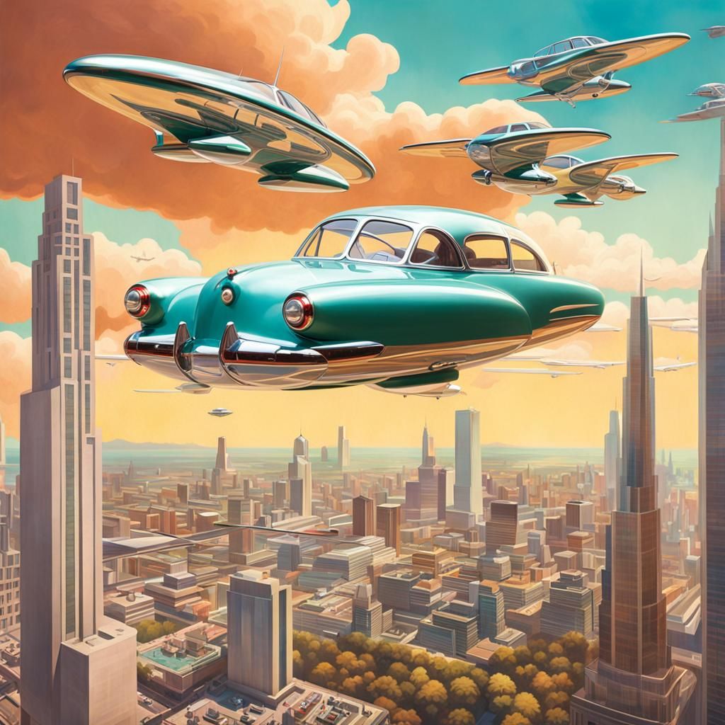 Flying Cars Over Glass City in 1950s Style
