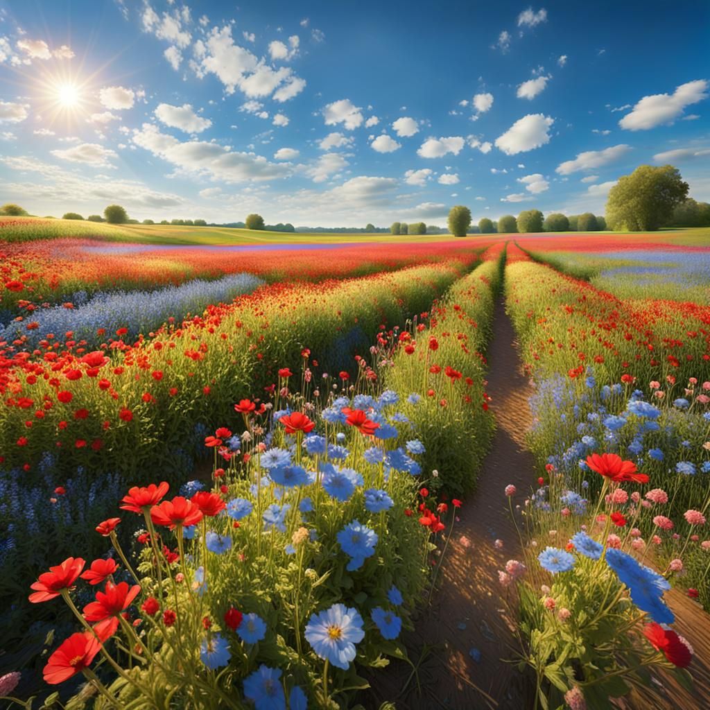 Impressionist Flower Field in Summer Sunlight