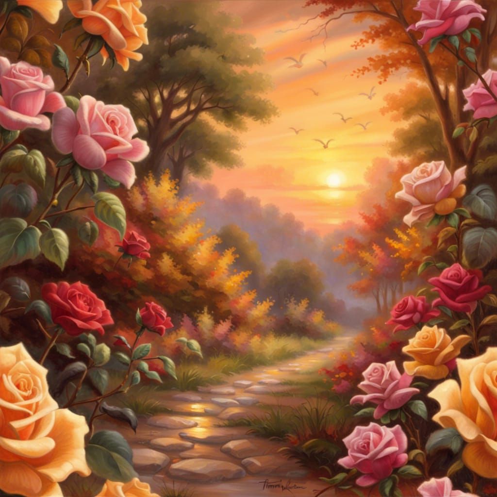 Glowing Crystal Roses in Golden Autumn Sunset