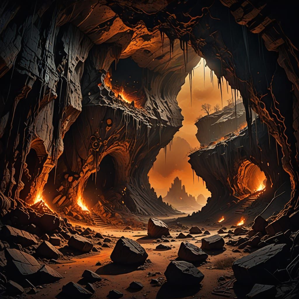 Surreal Cave of Twisted Rock Formations in Golden Light