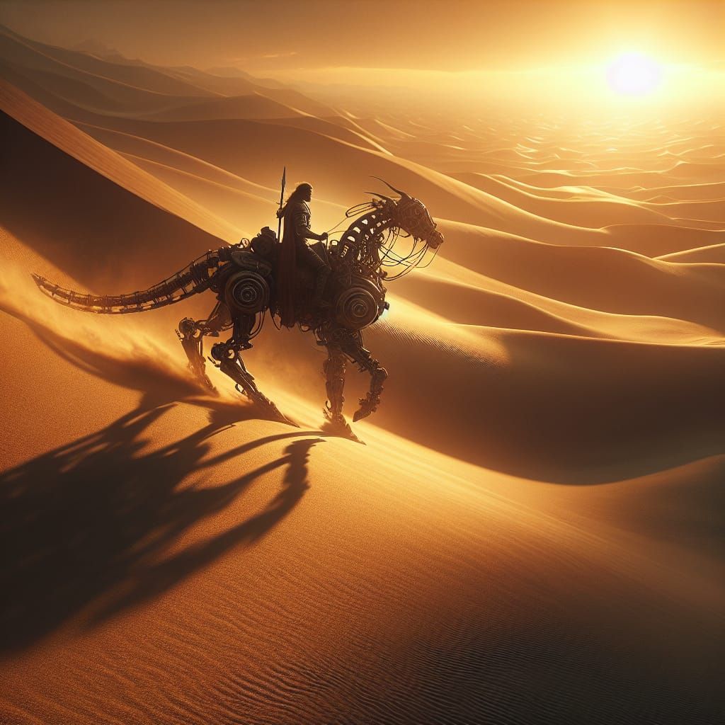 Sand Warrior on Mechanical Beast at Sunset