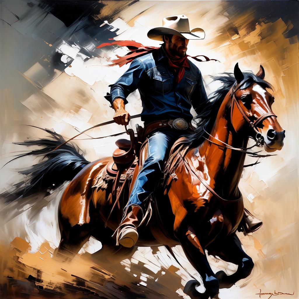 Cowboy on Horse in Impasto Style