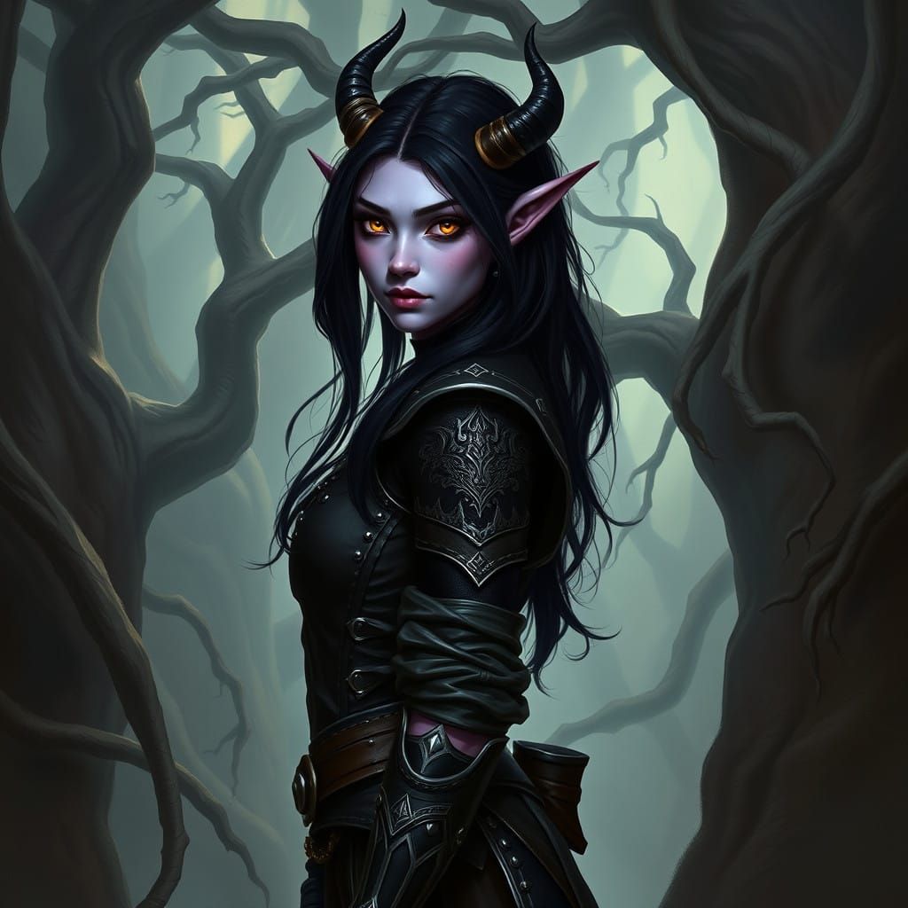 Mystical Tiefling Rogue in Dark Fantasy Forest