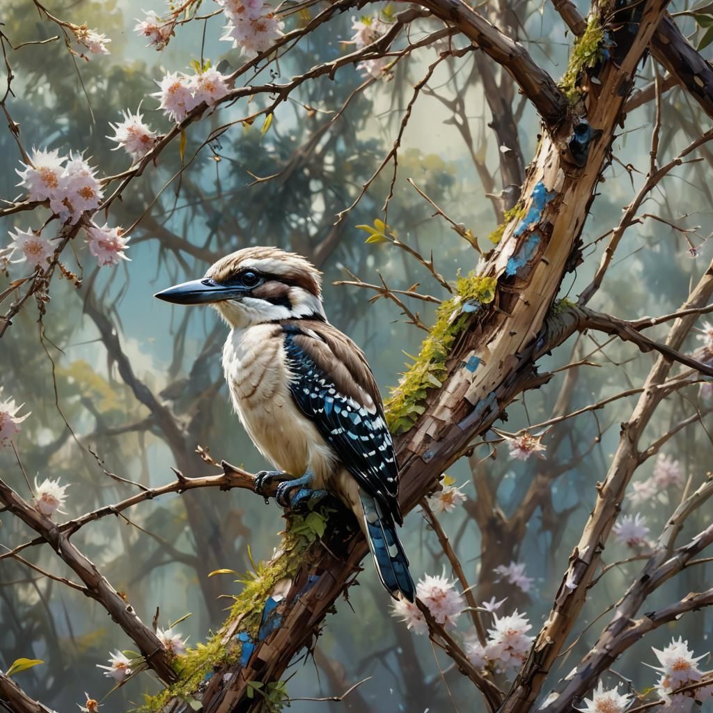 Kookaburra on Jacaranda Tree: Impressionist Matte Painting