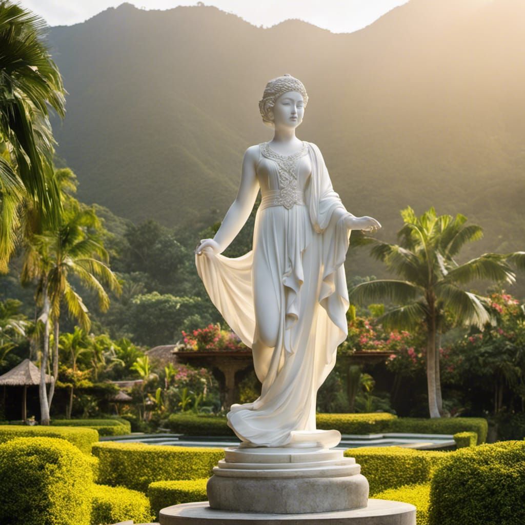 Marble Statue of Indonesian Woman in Rococo Garden