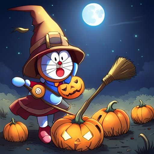 Doraemon as Anime Witch in Haunted House