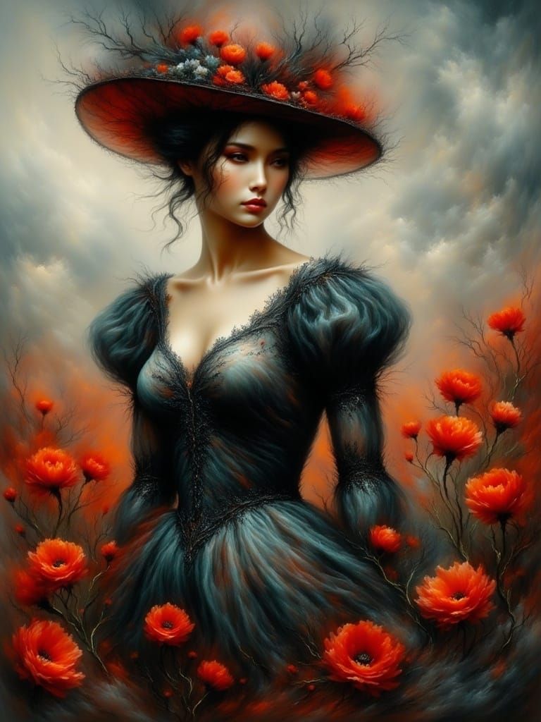 Serene Woman in a Field of Red Poppies, in an Edward Hopper...