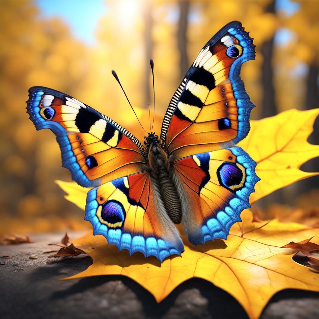 Vivid Peacock Butterfly on Autumn Maple Leaf
