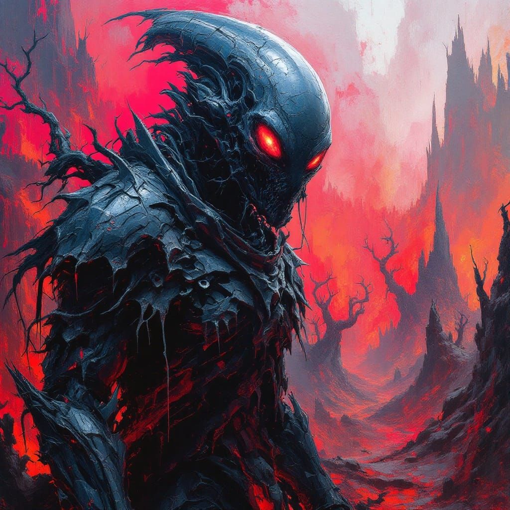 Dark Fantasy Alien Soldier in a Crimson-Hued Cosmic Landscap...