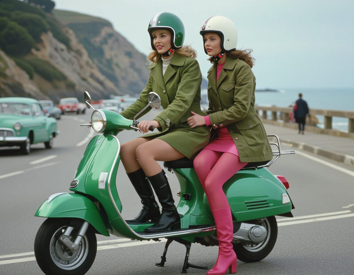 1960s Fashion: Women on Vespa Scooter, Professional Photo