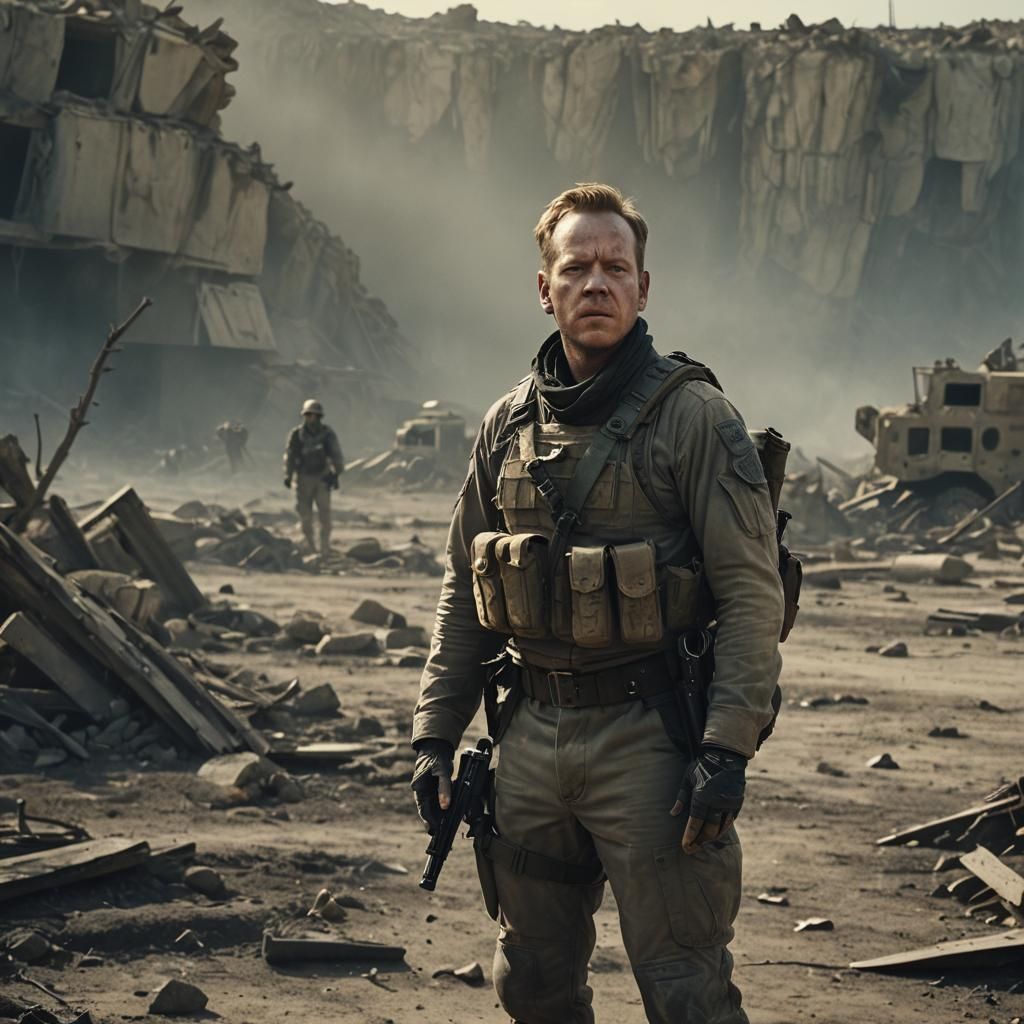 Gritty Soldier in Ruined Landscape: Cinematic Film Still