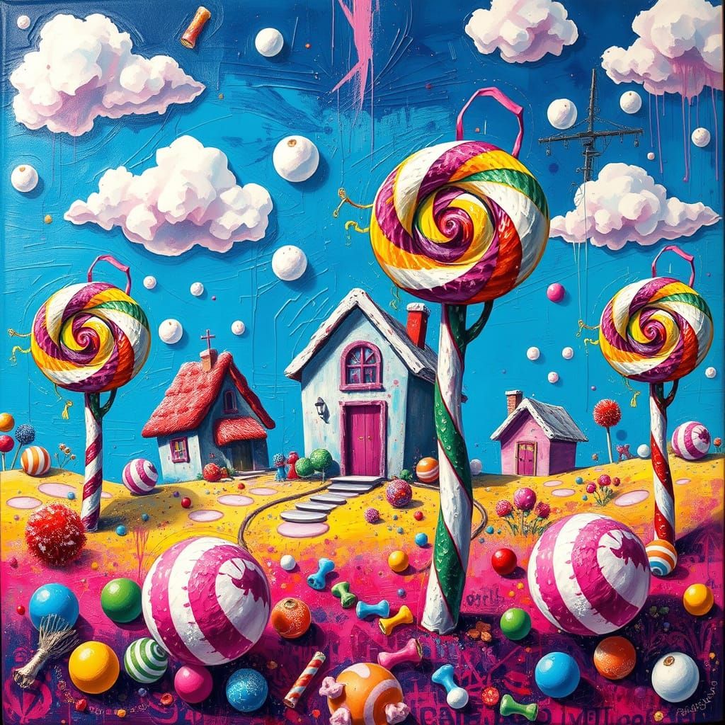 Vibrant Candy World with Lollipop Trees and Gummy Houses