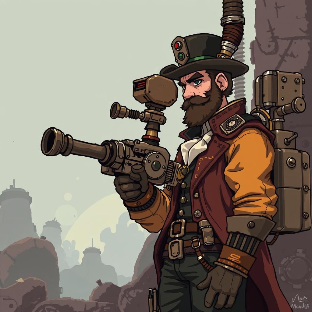 Steampunk Man Fixing Artillery Machine in Pixel Art
