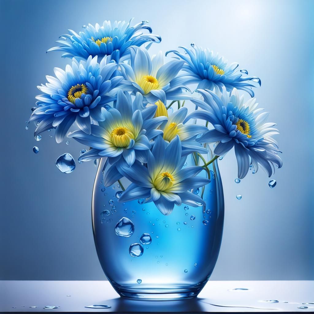 Wet Blue Chrysanthemums and Lilies in Ice Vase