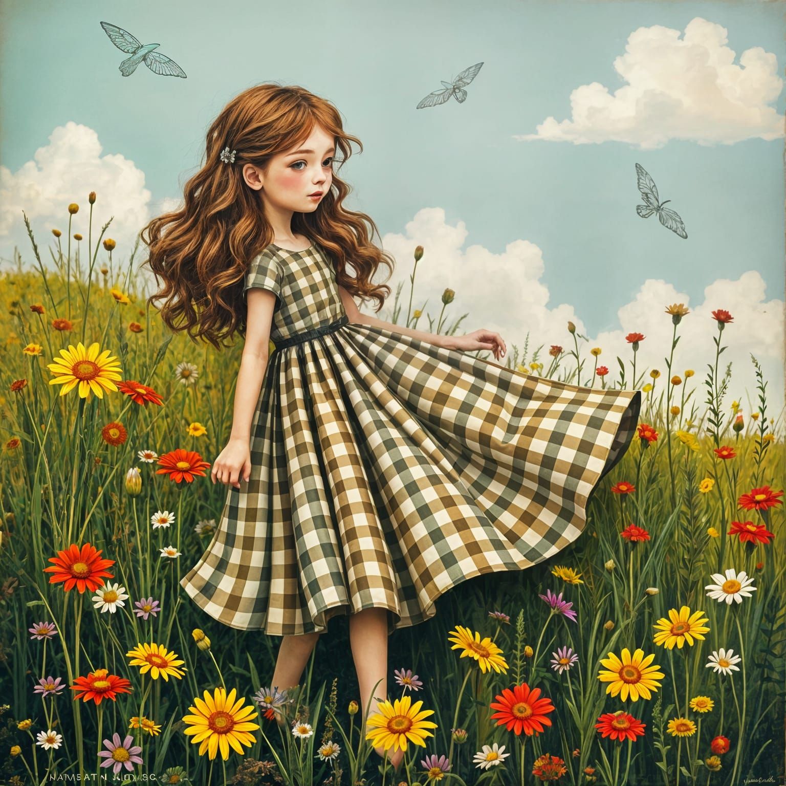 Vintage Floral Pattern in Gingham Style