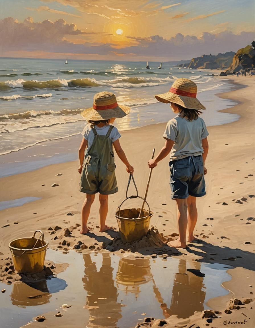 Children Building Sandcastles: An Impressionist Oil Painting